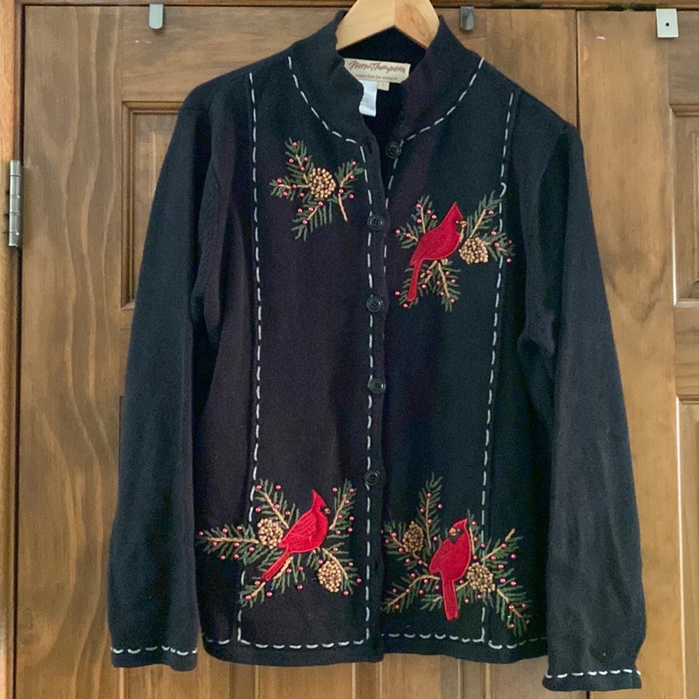 Christmas Holiday Cardigan Sweater Black Norm Thompson Women’s L With Cardinals